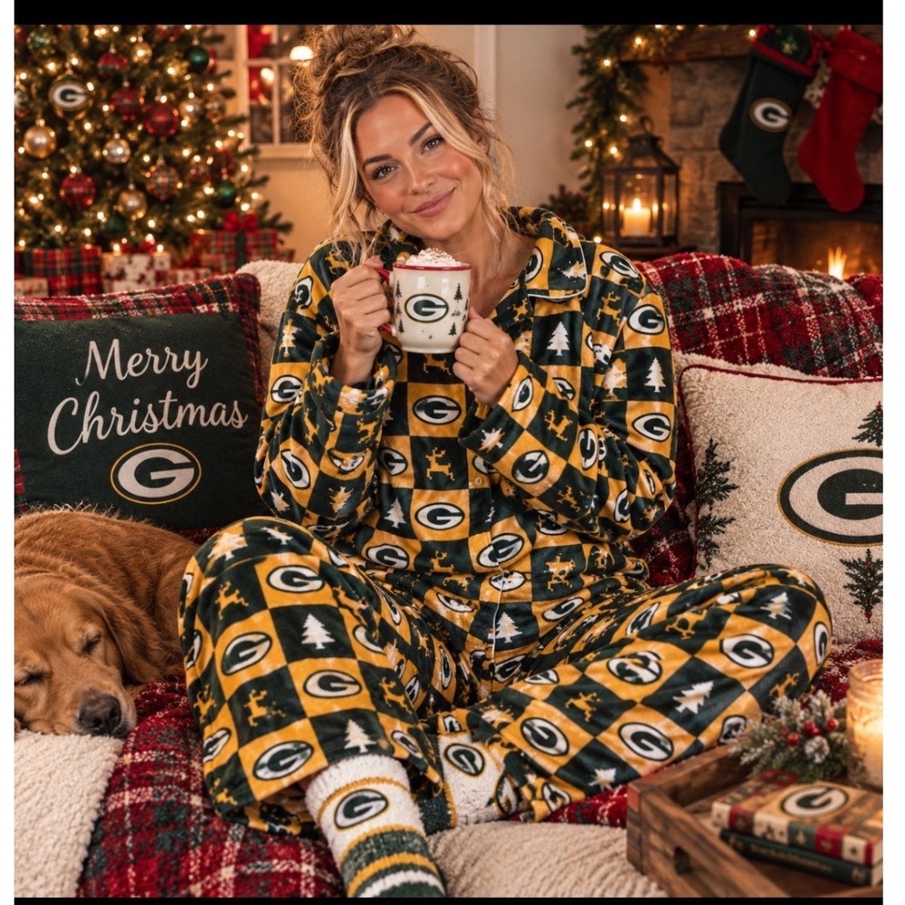 NFL Green Bay Packers Pajama Set Women XL Green Gold Checkerboard Holiday Fleece